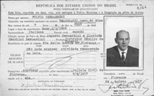 Un permesso di soggiorno in Brasile rilasciato a Fulvio Bernardini nel 1957