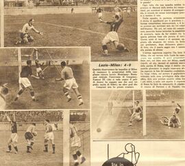 In alto un'azione difensiva del Milan. Al centro Fantoni III, vicino al palo sul fondo, ha appena segnato. Sotto una parata di Sclavi. In basso a destra un altro gol di Fantoni III