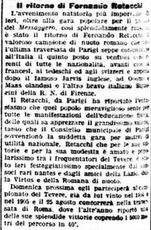 Il Messaggero del 30 luglio 1907 racconta il ritorno di Fernando Retacchi da una gara disputata a Parigi