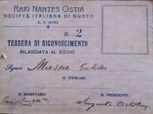 Il retro della tessera di socio della Rari Nantes Ostia anno 1910