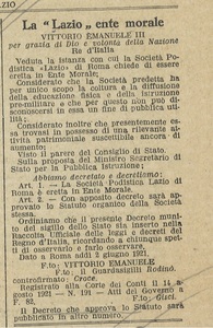La motivazione dell'elevazione della Lazio ad Ente Morale
