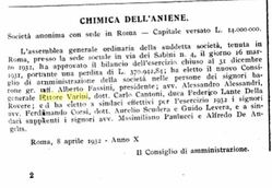 Dalla Gazzetta Ufficiale un comunicato datato 8 aprile 1932 in cui Ettore Varini è eletto nel Consiglio di Amministrazione della "Società Chimica dell'Aniene"