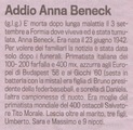 La notizia della scomparsa di Anna Beneck sulla Gazzetta dello Sport