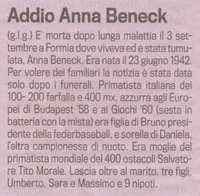 La notizia della scomparsa di Anna Beneck sulla Gazzetta dello Sport