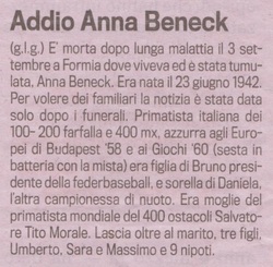La notizia della scomparsa di Anna Beneck sulla Gazzetta dello Sport