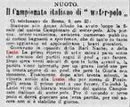 La Lazio Campione d'Italia di Waterpolo nel 1906. Da "La Stampa" del 10 settembre 1906