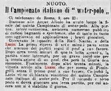 La Lazio Campione d'Italia di Waterpolo nel 1906. Da "La Stampa" del 10 settembre 1906