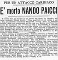 Il Corriere dello Sport del 9 agosto del 1955 annuncia la scomparsa di Nando Paicci