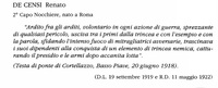 La motivazione della medaglia d'argento postuma conferita a De Censi nel 1922