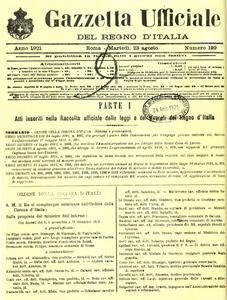 La copertina della Gazzetta Ufficiale del Regno d'Italia n. 199 del 23 agosto 1921