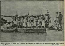 I vincitori della gara di velocità di 100 metri sul lago Trasimeno, luglio 1908. Bronner si classifica primo davanti al laziale Romeo Tofini