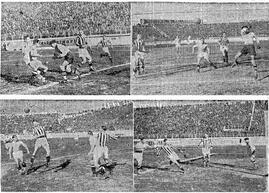 In alto a sinistra: Uneddu ha allungato in profondità, Piola e Filò accorrono ma Valinasso esce e blocca mentre Rosetta guarda preoccupato. In alto a destra: calcio d'angolo contro la Juventus; ha tirato Levratto e Piola è stato pronto a portarsi avanti, ma il pallone cade sopra la rete. In basso a sinistra: in area di rigore juventina Filò sta per passare a Bisigato che Rosetta sorveglia, ma Rava allontana di testa. In basso a destra: un altro salvataggio di Rava che riesce a deviare lateralmente un passaggio in profondità che Piola sta per sfruttare.