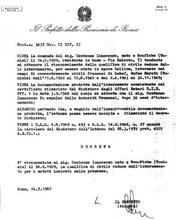 Il certificato prefettizio che riconosce la condizione di internato in periodo bellico di Centonze