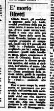 Dal Messaggero: la notizia della morte di Olindo Bitetti
