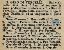 Da "La Stampa Sportiva" del 29/05/1904: Pagliani giunge secondo al "Giro di Vercelli"