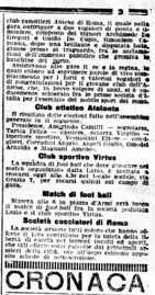 Da Il Messaggero del 15 giugno 1905 un comunicato per la Virtus e la notizia della disputa della gara